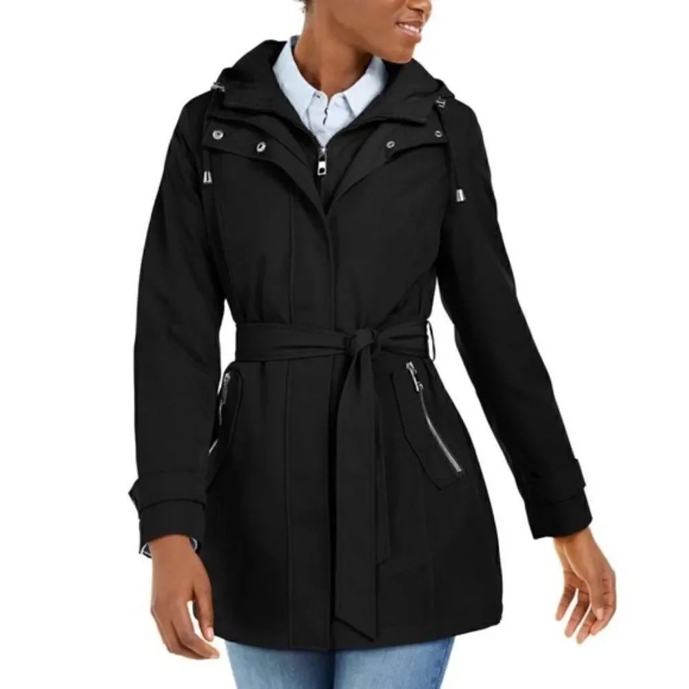 Nautica Black Hooded Belted Raincoat Size XS NWOT